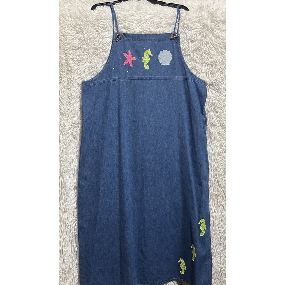 Quacker Factory Denim Jumper Dress Women 18 Blue Maxi Pocket Sea Life Rhinestone